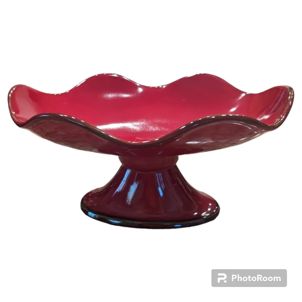 Retired Southern Living At Home Cinnabar Footed Oval Compote Stoneware Red